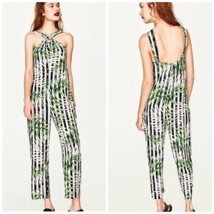 🆕 Zara Women's Tropical Leaf Striped Halter D Ring Jumpsuit Size Medium‎